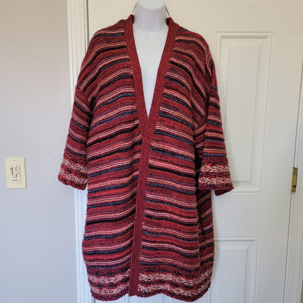 Long Tall Sally Sahara Kimono Open Cardigan Red Striped Knit Boho Size L - Picture 3 of 11